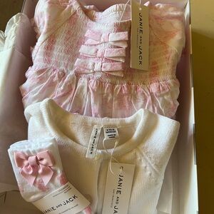 Janie and Jack Pink and White Bunny Dress with Cardigan Sweater and Socks